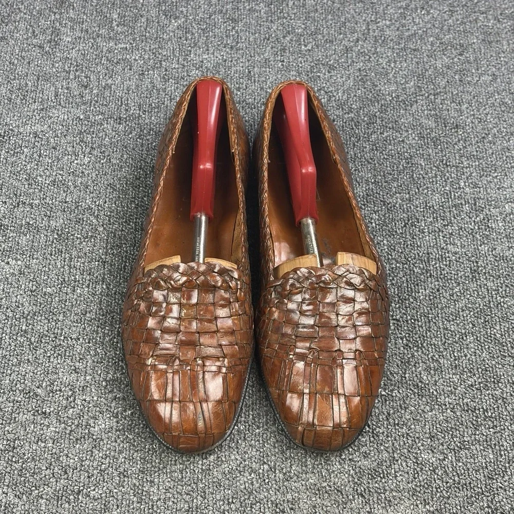 Moreschi Woven Leather Loafers Mens 10 Brown Handmade Italy Basket Weave Slip On